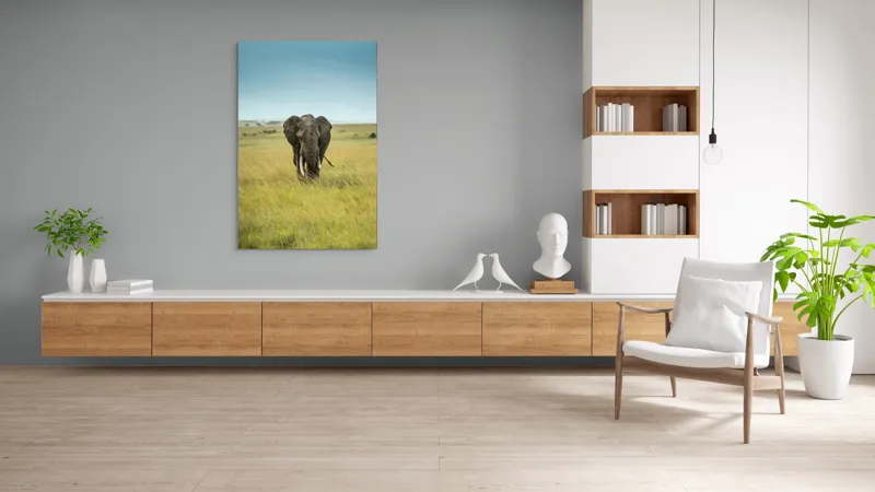 Tablou Canvas, "Elefant solitar pe câmpie africană", Elefant, Savannah, Iarbă, Cer, Teren, Serengeti, Natură, Tundră, Colți, Măreție, 100 x 150 cm – poza 8