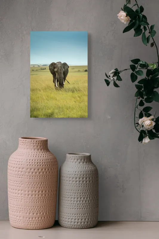 Tablou Canvas, "Elefant solitar pe câmpie africană", Elefant, Savannah, Iarbă, Cer, Teren, Serengeti, Natură, Tundră, Colți, Măreție, 26 x 39 cm – poza 6