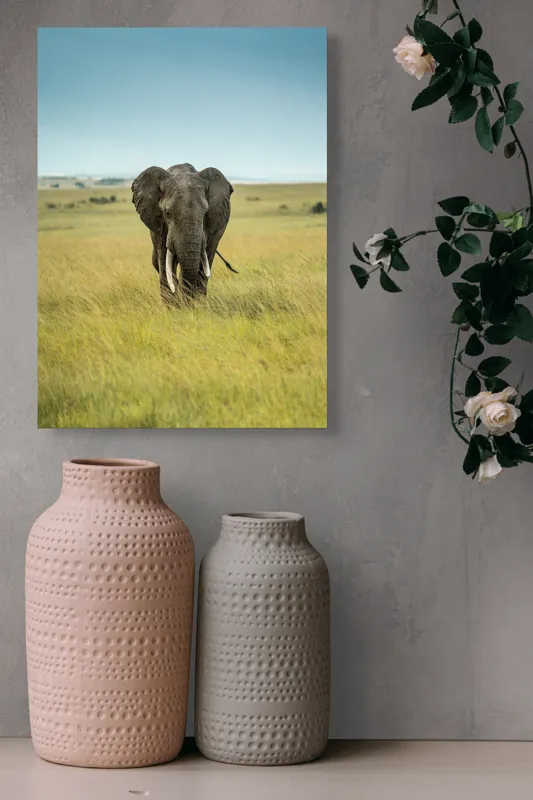 Tablou Canvas, "Elefant solitar pe câmpie africană", Elefant, Savannah, Iarbă, Cer, Teren, Serengeti, Natură, Tundră, Colți, Măreție, 39 x 54 cm – poza 6