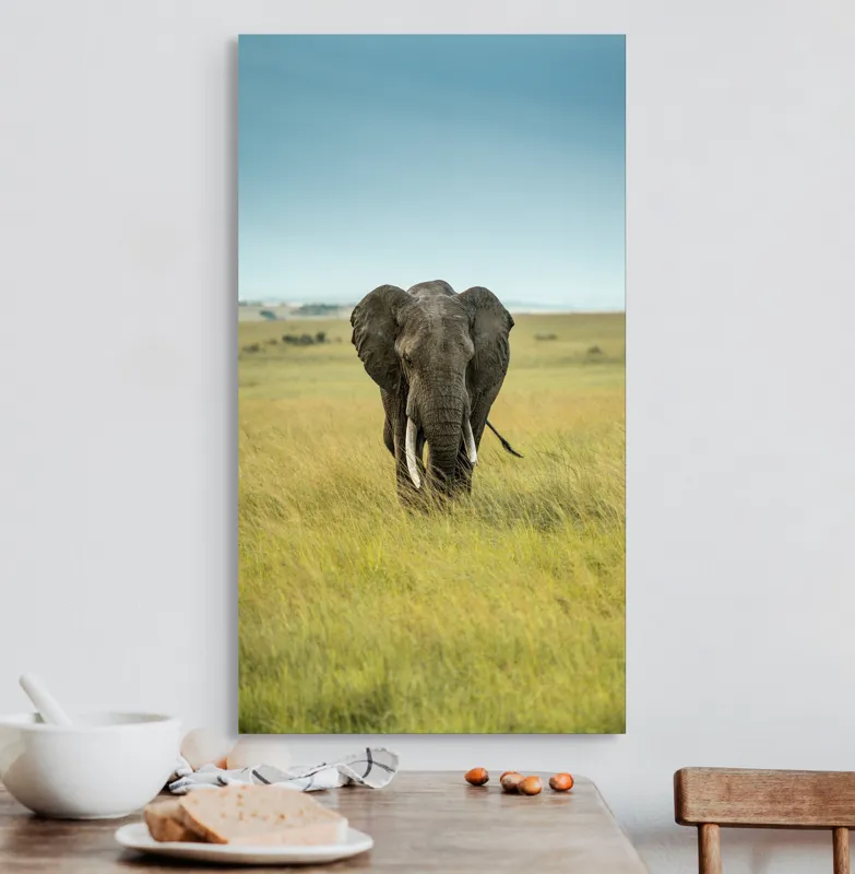 Tablou Canvas, "Elefant solitar pe câmpie africană", Elefant, Savannah, Iarbă, Cer, Teren, Serengeti, Natură, Tundră, Colți, Măreție, 50 x 90 cm – poza 3