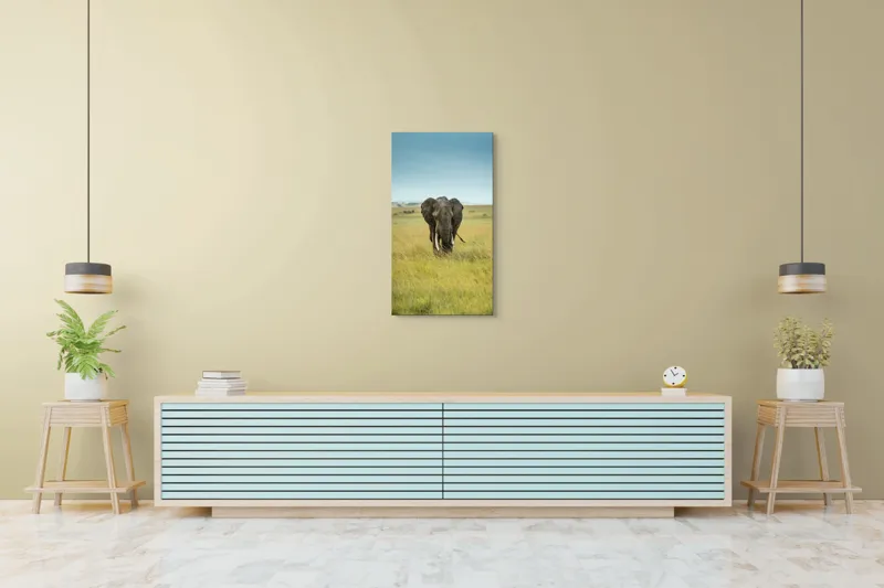Tablou Canvas, "Elefant solitar pe câmpie africană", Elefant, Savannah, Iarbă, Cer, Teren, Serengeti, Natură, Tundră, Colți, Măreție, 50 x 90 cm – poza 6