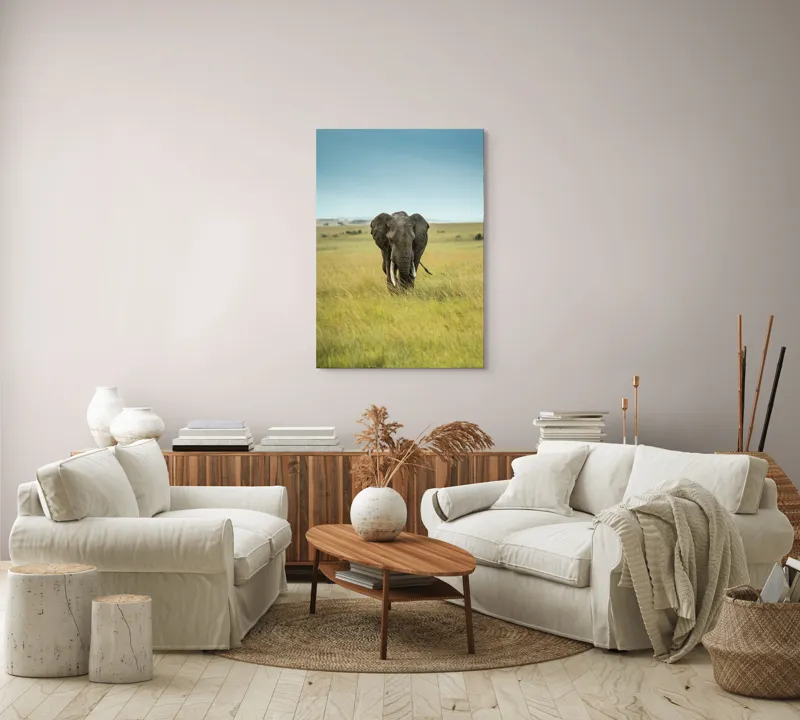 Tablou Canvas, "Elefant solitar pe câmpie africană", Elefant, Savannah, Iarbă, Cer, Teren, Serengeti, Natură, Tundră, Colți, Măreție, 70 x 100 cm – poza 4