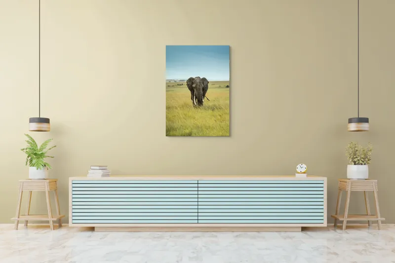 Tablou Canvas, "Elefant solitar pe câmpie africană", Elefant, Savannah, Iarbă, Cer, Teren, Serengeti, Natură, Tundră, Colți, Măreție, 70 x 100 cm – poza 5
