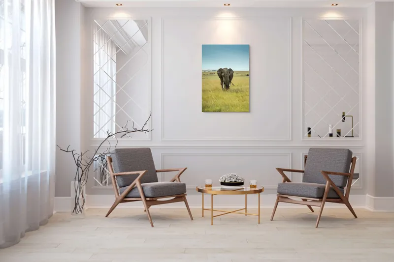 Tablou Canvas, "Elefant solitar pe câmpie africană", Elefant, Savannah, Iarbă, Cer, Teren, Serengeti, Natură, Tundră, Colți, Măreție, 70 x 100 cm – poza 8