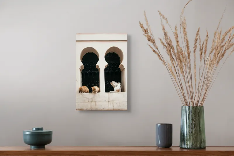 Tablou Canvas, "Trei pisici la fereastra veche", Pisici, Fereastră, Grilaj, Arhitectură, Alb., 26 x 39 cm – poza 5