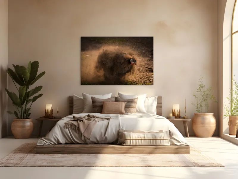 Tablou Canvas, "Păun african dansând în praf", Praf, Energie, Mișcare, Zgomot, Păsăre, Natură, Contrast, Dinamism, 150 x 100 cm – poza 4