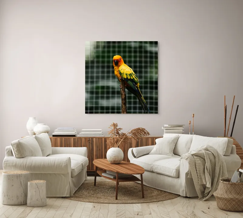 Tablou Canvas, "Papagal colorat pe creanga solitară", Papagal, Colorat, Verde, Galben, Portocaliu, Sârmă, Fundal, Perchă, Prăjină, Panou, 100 x 100 cm – poza 3