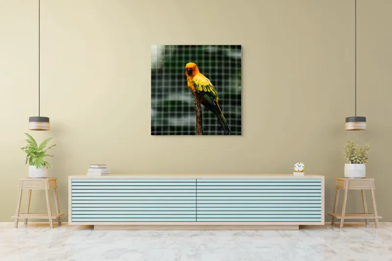 Tablou Canvas, "Papagal colorat pe creanga solitară", Papagal, Colorat, Verde, Galben, Portocaliu, Sârmă, Fundal, Perchă, Prăjină, Panou, 100 x 100 cm – poza 5