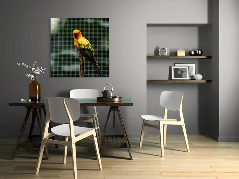 Tablou Canvas, "Papagal colorat pe creanga solitară", Papagal, Colorat, Verde, Galben, Portocaliu, Sârmă, Fundal, Perchă, Prăjină, Panou, 100 x 100 cm – poza 6