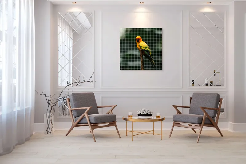 Tablou Canvas, "Papagal colorat pe creanga solitară", Papagal, Colorat, Verde, Galben, Portocaliu, Sârmă, Fundal, Perchă, Prăjină, Panou, 100 x 100 cm – poza 7
