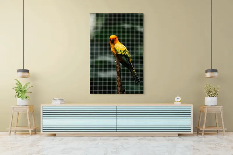 Tablou Canvas, "Papagal colorat pe creanga solitară", Papagal, Colorat, Verde, Galben, Portocaliu, Sârmă, Fundal, Perchă, Prăjină, Panou, 100 x 150 cm – poza 4