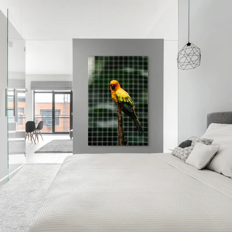 Tablou Canvas, "Papagal colorat pe creanga solitară", Papagal, Colorat, Verde, Galben, Portocaliu, Sârmă, Fundal, Perchă, Prăjină, Panou, 100 x 150 cm – poza 5