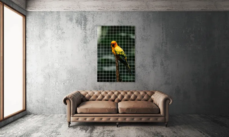 Tablou Canvas, "Papagal colorat pe creanga solitară", Papagal, Colorat, Verde, Galben, Portocaliu, Sârmă, Fundal, Perchă, Prăjină, Panou, 100 x 150 cm – poza 6