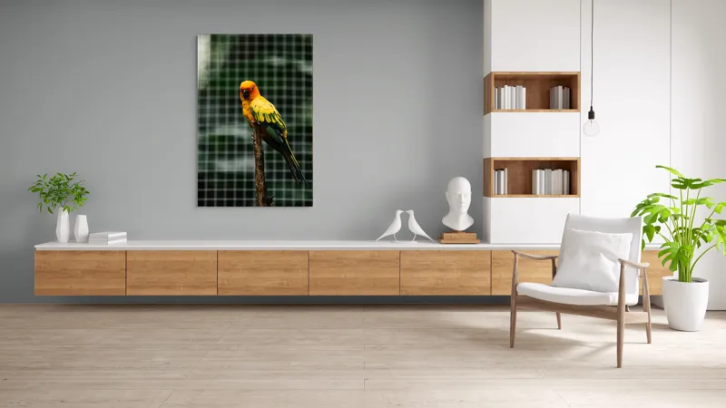 Tablou Canvas, "Papagal colorat pe creanga solitară", Papagal, Colorat, Verde, Galben, Portocaliu, Sârmă, Fundal, Perchă, Prăjină, Panou, 100 x 150 cm – poza 8