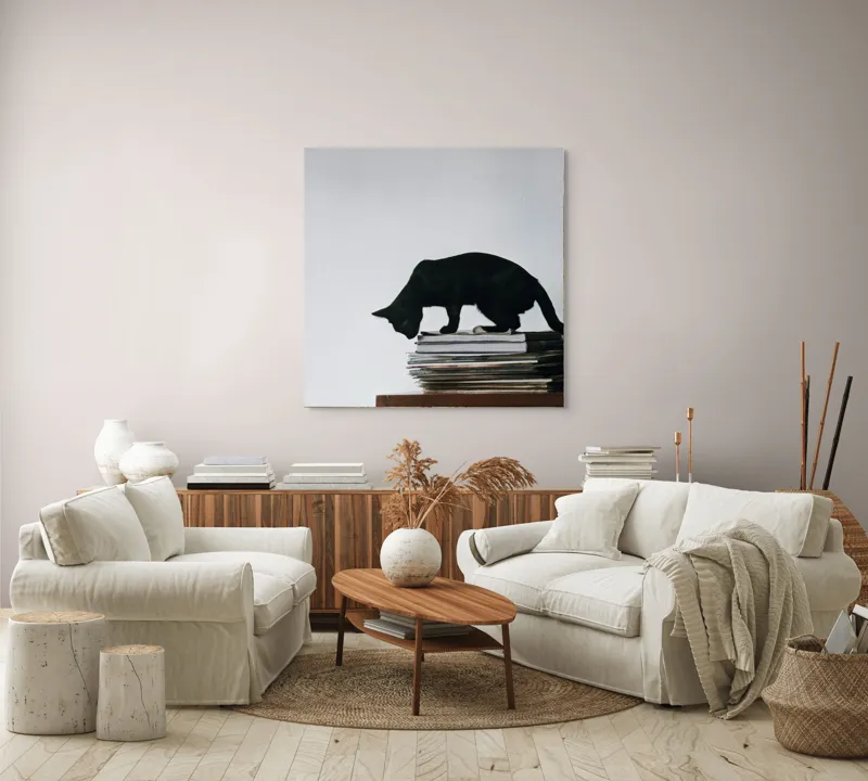 Tablou Canvas, "Pisica pe teancul de reviste", Pisică, Negru, Carti, Stivă, Perete, Simplu, Curiozitate, Silueta, 100 x 100 cm – poza 3