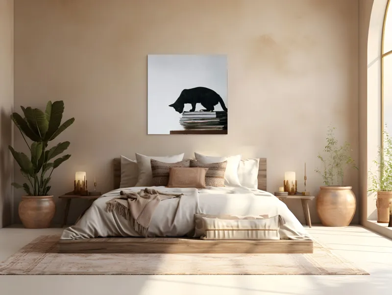 Tablou Canvas, "Pisica pe teancul de reviste", Pisică, Negru, Carti, Stivă, Perete, Simplu, Curiozitate, Silueta, 100 x 100 cm – poza 4