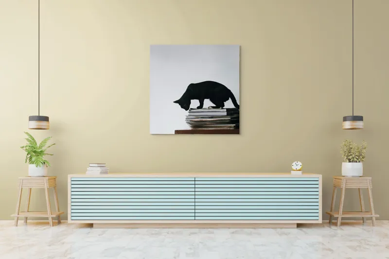 Tablou Canvas, "Pisica pe teancul de reviste", Pisică, Negru, Carti, Stivă, Perete, Simplu, Curiozitate, Silueta, 100 x 100 cm – poza 5