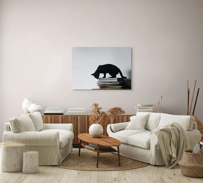 Tablou Canvas, "Pisica pe teancul de reviste", Pisică, Negru, Carti, Stivă, Perete, Simplu, Curiozitate, Silueta, 100 x 70 cm – poza 3