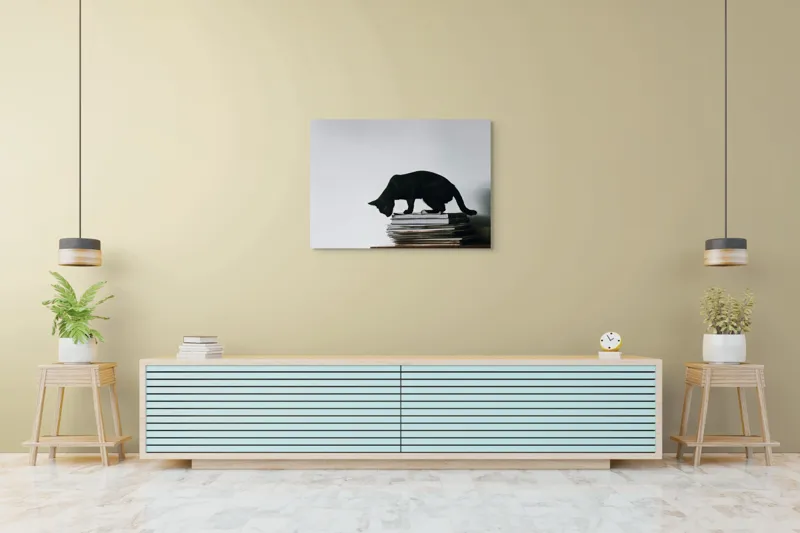 Tablou Canvas, "Pisica pe teancul de reviste", Pisică, Negru, Carti, Stivă, Perete, Simplu, Curiozitate, Silueta, 100 x 70 cm – poza 4