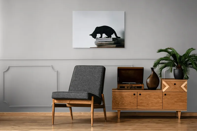 Tablou Canvas, "Pisica pe teancul de reviste", Pisică, Negru, Carti, Stivă, Perete, Simplu, Curiozitate, Silueta, 100 x 70 cm – poza 8