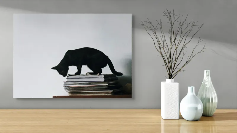 Tablou Canvas, "Pisica pe teancul de reviste", Pisică, Negru, Carti, Stivă, Perete, Simplu, Curiozitate, Silueta, 70 x 50 cm – poza 3