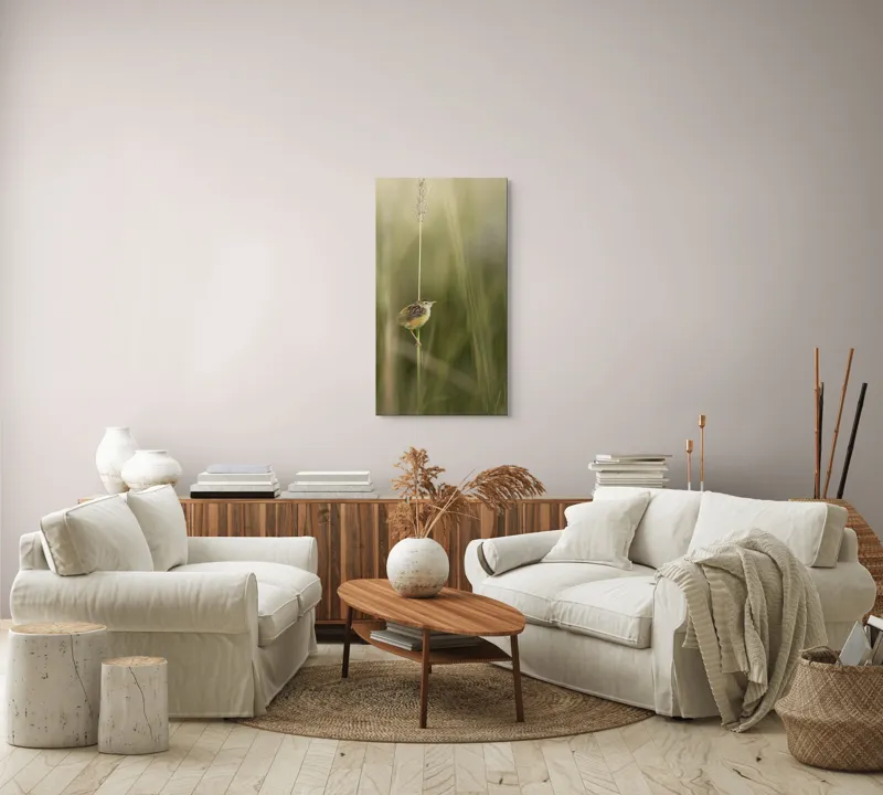 Tablou Canvas, "Pasărea singuratică pe firul vieții", Păsărică, Delicatețe, Natură, Iarbă, Tranquilitate, Nepăsare, Simplitate, Verdeață, Grație, Echilibru, 50 x 90 cm – poza 7