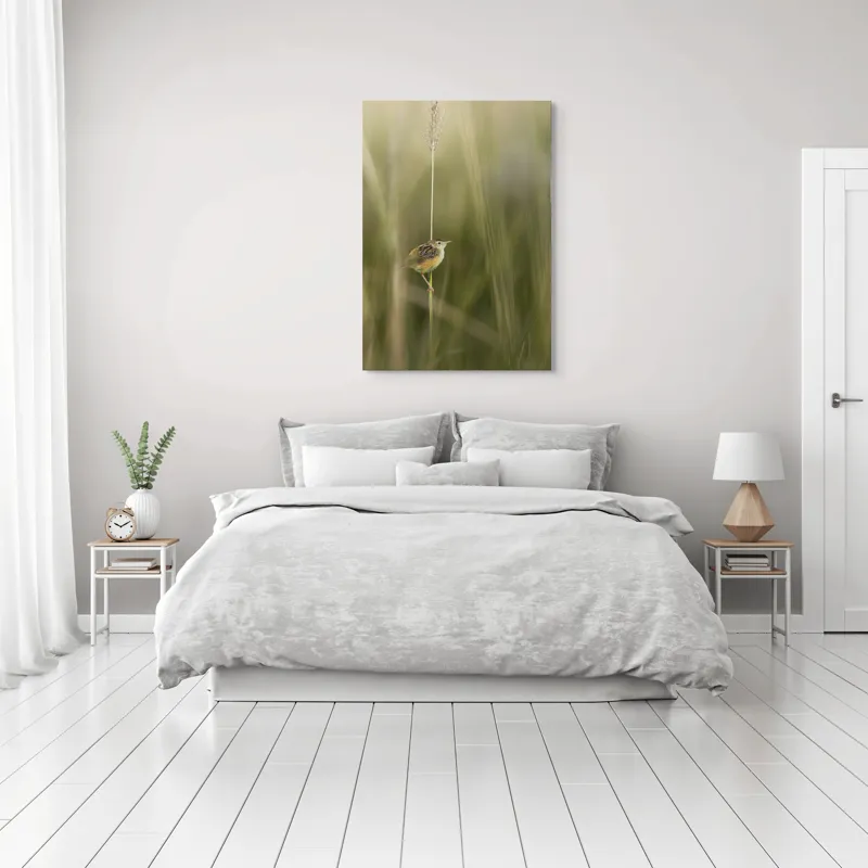 Tablou Canvas, "Pasărea singuratică pe firul vieții", Păsărică, Delicatețe, Natură, Iarbă, Tranquilitate, Nepăsare, Simplitate, Verdeață, Grație, Echilibru, 70 x 100 cm – poza 3