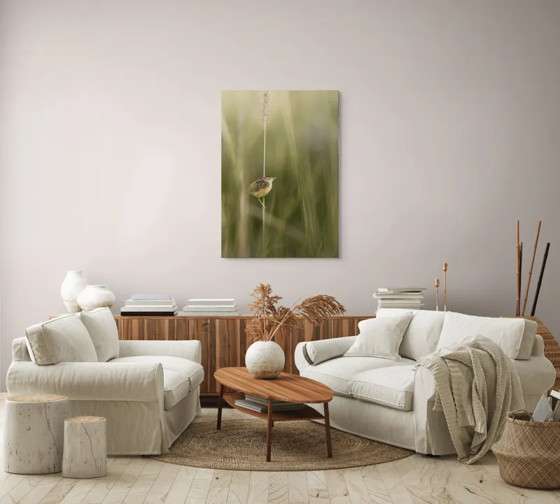 Tablou Canvas, "Pasărea singuratică pe firul vieții", Păsărică, Delicatețe, Natură, Iarbă, Tranquilitate, Nepăsare, Simplitate, Verdeață, Grație, Echilibru, 70 x 100 cm – poza 4