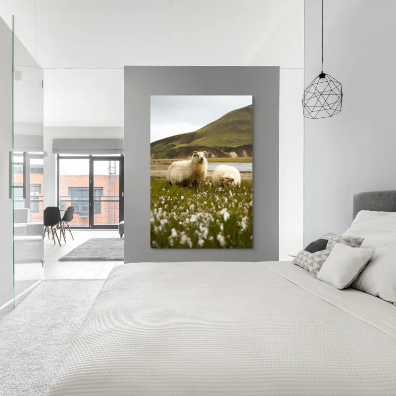 Tablou Canvas, "Oile pășunând în peisaj montan", Oi, Pajiște, Munte, Culoare, Cer, Verde, Natură, Peisaj, Blană, Flori, Calmitate, Frumusețe, Rural, Serenitate, Pășunat, 100 x 150 cm – poza 5