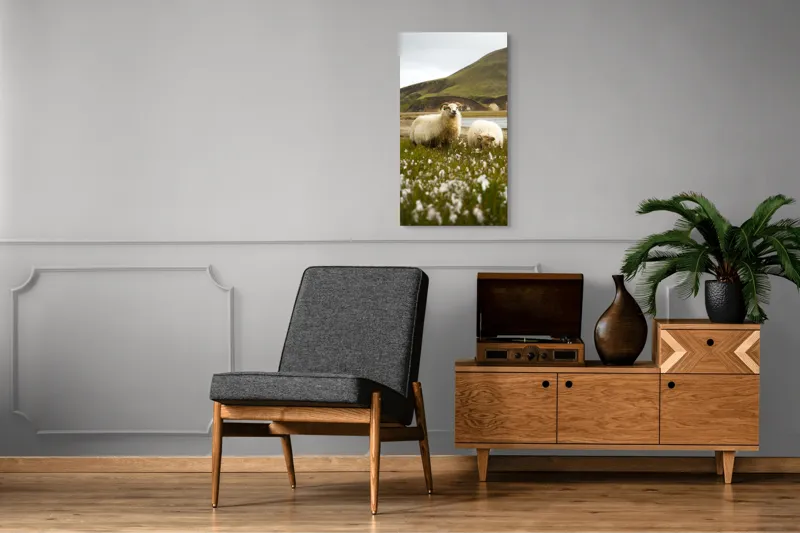 Tablou Canvas, "Oile pășunând în peisaj montan", Oi, Pajiște, Munte, Culoare, Cer, Verde, Natură, Peisaj, Blană, Flori, Calmitate, Frumusețe, Rural, Serenitate, Pășunat, 50 x 90 cm – poza 8