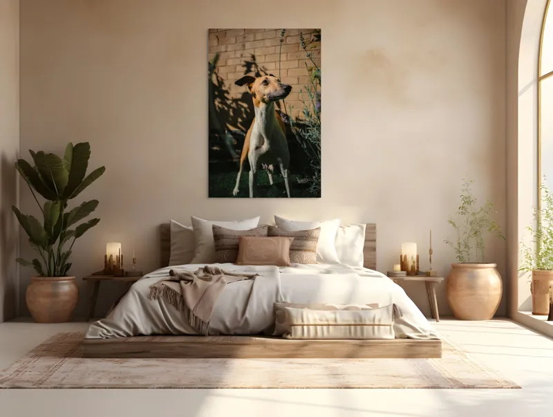 Tablou Canvas, "Câinele în grădină de lavandă", Flori, Caine, Perete, Umbra, Soare, Vegetatie, Privire, Ceas, Verde, Exterior, 100 x 150 cm – poza 3