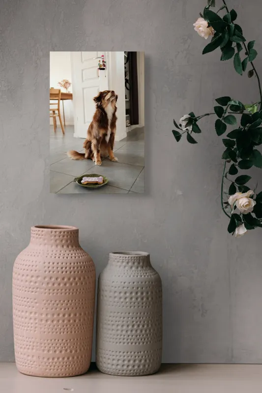 Tablou Canvas, "Ureaza-ti ziua cu nasul in sus", Nu pot să identific persoane sau animale din imagini, dar pot să ofer câteva cuvinte descriptive: Câine, Maro, Podea, Placă, Interior, Ușă, Decor, Stând., 26 x 39 cm – poza 6