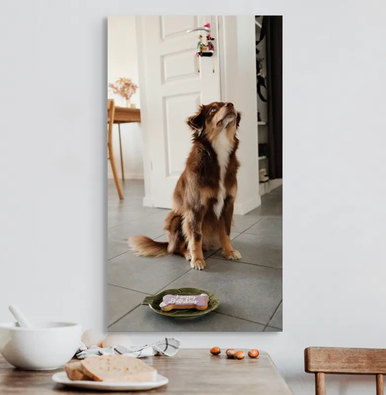 Tablou Canvas, "Ureaza-ti ziua cu nasul in sus", Nu pot să identific persoane sau animale din imagini, dar pot să ofer câteva cuvinte descriptive: Câine, Maro, Podea, Placă, Interior, Ușă, Decor, Stând., 50 x 90 cm – poza 3