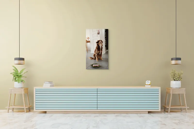 Tablou Canvas, "Ureaza-ti ziua cu nasul in sus", Nu pot să identific persoane sau animale din imagini, dar pot să ofer câteva cuvinte descriptive: Câine, Maro, Podea, Placă, Interior, Ușă, Decor, Stând., 50 x 90 cm – poza 6