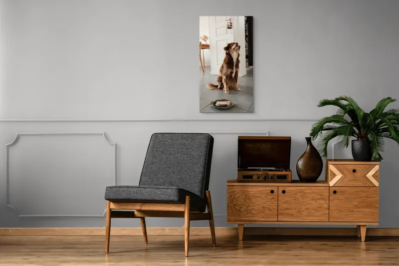 Tablou Canvas, "Ureaza-ti ziua cu nasul in sus", Nu pot să identific persoane sau animale din imagini, dar pot să ofer câteva cuvinte descriptive: Câine, Maro, Podea, Placă, Interior, Ușă, Decor, Stând., 50 x 90 cm – poza 8