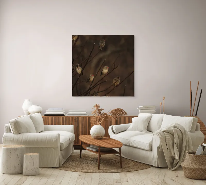 Tablou Canvas, "Cântul păsărilor la apusul soarelui", Păsări, Ramuri, Toamnă, Penaj, Natură, Apus, Siluete, Răcoare, 100 x 100 cm – poza 3