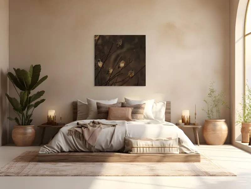 Tablou Canvas, "Cântul păsărilor la apusul soarelui", Păsări, Ramuri, Toamnă, Penaj, Natură, Apus, Siluete, Răcoare, 100 x 100 cm – poza 4