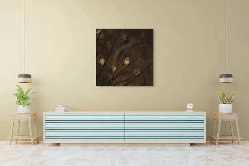 Tablou Canvas, "Cântul păsărilor la apusul soarelui", Păsări, Ramuri, Toamnă, Penaj, Natură, Apus, Siluete, Răcoare, 100 x 100 cm – poza 5