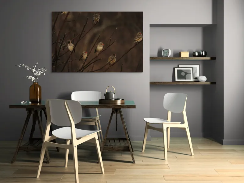 Tablou Canvas, "Cântul păsărilor la apusul soarelui", Păsări, Ramuri, Toamnă, Penaj, Natură, Apus, Siluete, Răcoare, 150 x 100 cm – poza 5