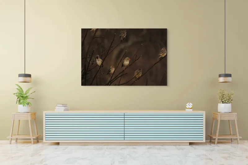 Tablou Canvas, "Cântul păsărilor la apusul soarelui", Păsări, Ramuri, Toamnă, Penaj, Natură, Apus, Siluete, Răcoare, 150 x 100 cm – poza 6