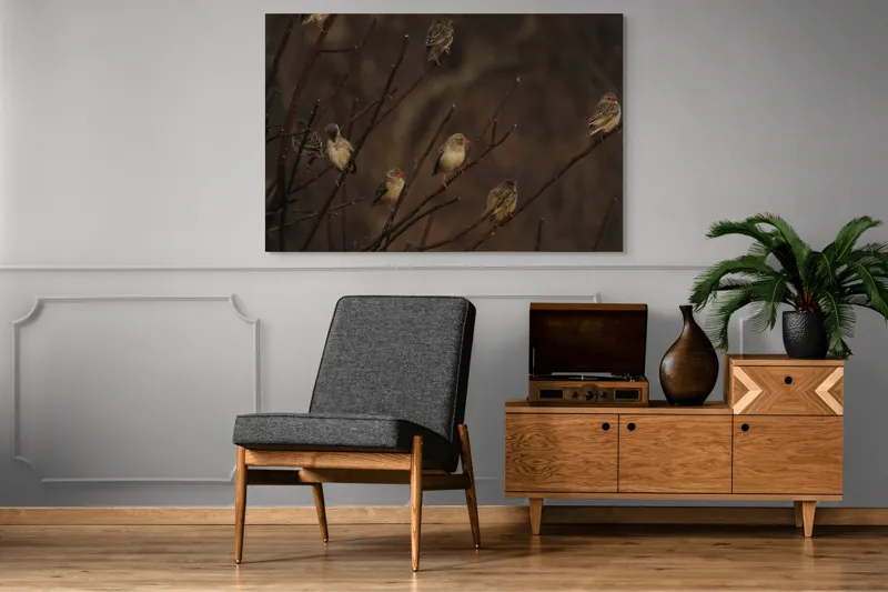 Tablou Canvas, "Cântul păsărilor la apusul soarelui", Păsări, Ramuri, Toamnă, Penaj, Natură, Apus, Siluete, Răcoare, 150 x 100 cm – poza 8