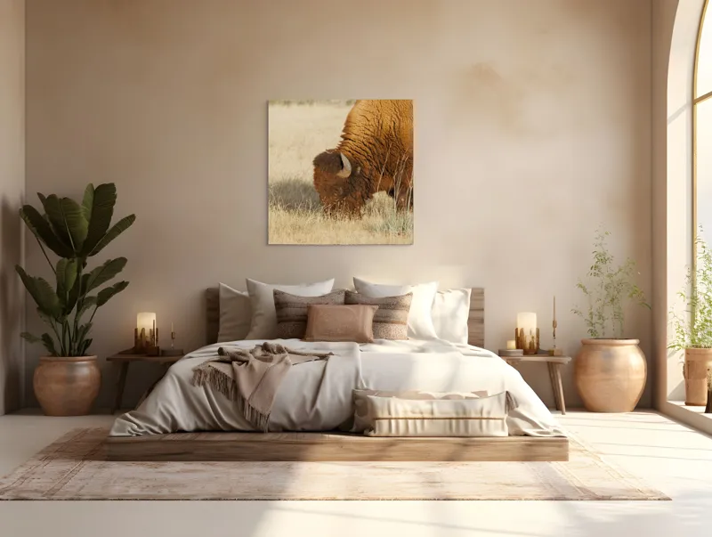 Tablou Canvas, "Bizon pășunând în savana uscată", Bizon, Câmpie, Blană, Corn, Iarbă, 100 x 100 cm – poza 4