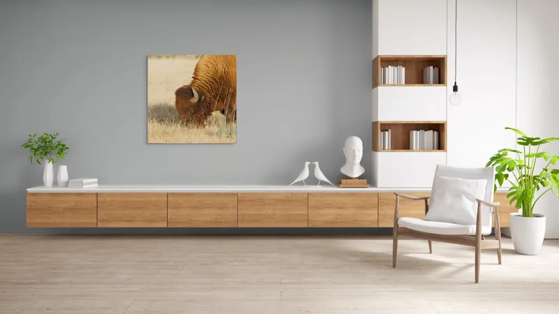 Tablou Canvas, "Bizon pășunând în savana uscată", Bizon, Câmpie, Blană, Corn, Iarbă, 100 x 100 cm – poza 8