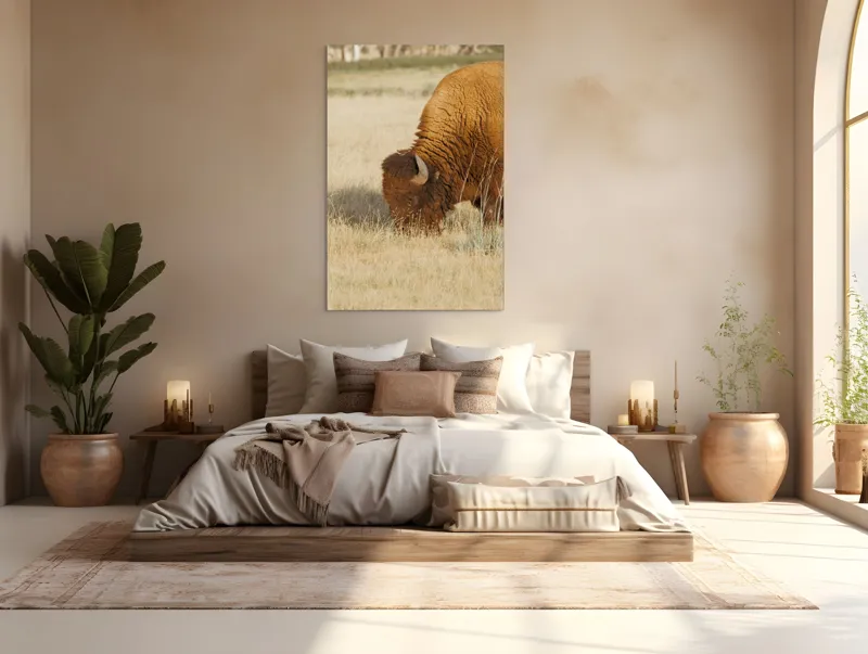 Tablou Canvas, "Bizon pășunând în savana uscată", Bizon, Câmpie, Blană, Corn, Iarbă, 100 x 150 cm – poza 3