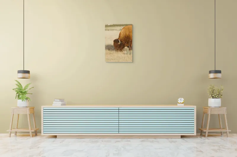 Tablou Canvas, "Bizon pășunând în savana uscată", Bizon, Câmpie, Blană, Corn, Iarbă, 50 x 70 cm – poza 6