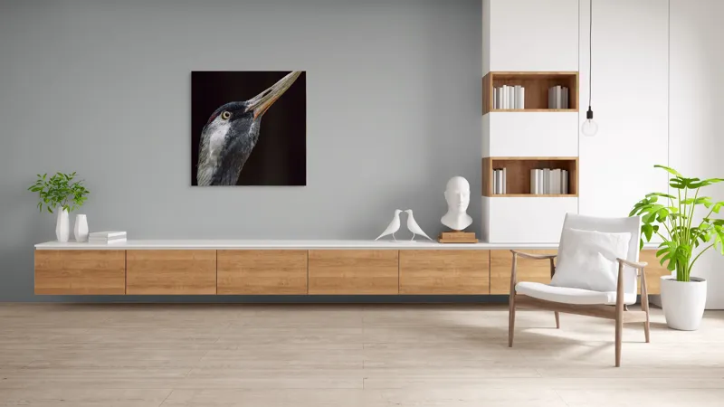 Tablou Canvas, "Grațiozitatea zborului privită de aproape", Pasăre, Profil, Penaj, Ochi, Cioc, Elegant, Întuneric, Contrast., 100 x 100 cm – poza 8