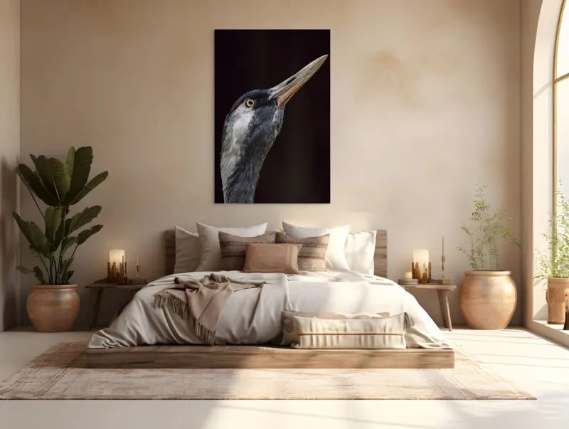 Tablou Canvas, "Grațiozitatea zborului privită de aproape", Pasăre, Profil, Penaj, Ochi, Cioc, Elegant, Întuneric, Contrast., 100 x 150 cm – poza 3