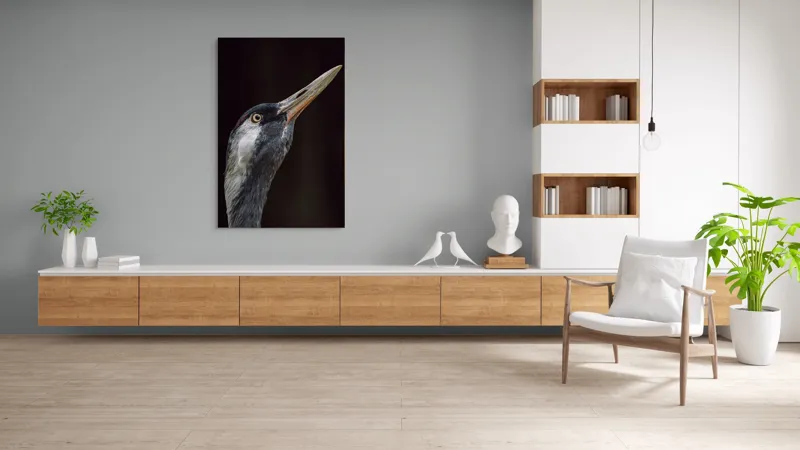 Tablou Canvas, "Grațiozitatea zborului privită de aproape", Pasăre, Profil, Penaj, Ochi, Cioc, Elegant, Întuneric, Contrast., 100 x 150 cm – poza 8