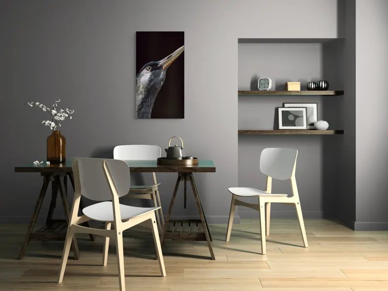 Tablou Canvas, "Grațiozitatea zborului privită de aproape", Pasăre, Profil, Penaj, Ochi, Cioc, Elegant, Întuneric, Contrast., 50 x 90 cm – poza 4