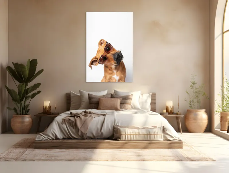 Tablou Canvas, "Câine cu ochelari de soare eleganți", Câine, Ochelari, Maro, Urechi, Înclinat, Fundal, Alb, Expresiv, Haioasă, 100 x 150 cm – poza 3